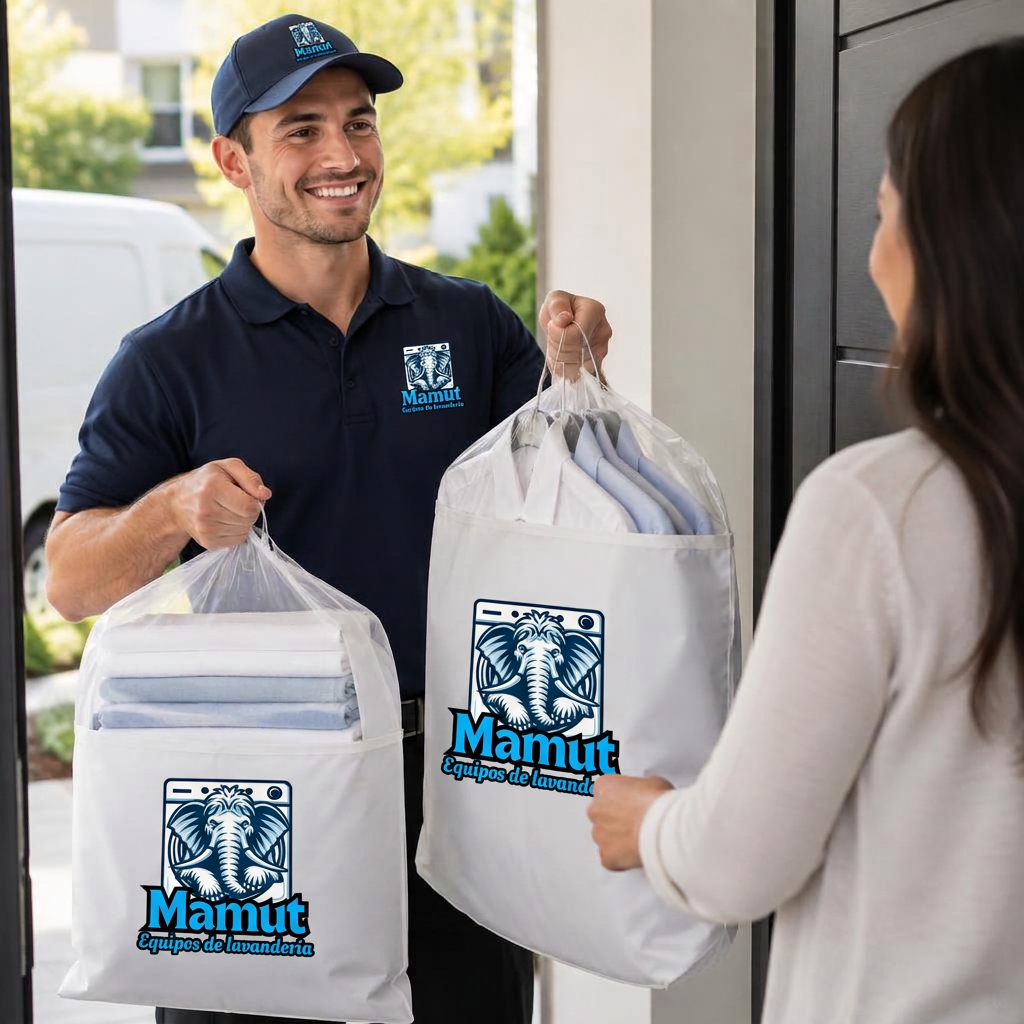 Repartidor de lavandería entregando bolsas con ropa limpia en la puerta de un hogar